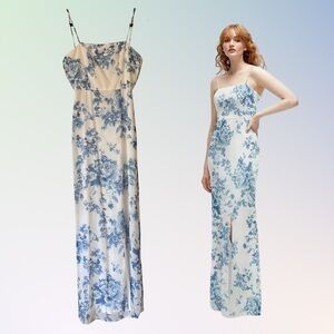 Dessy Collection Blue and White Floral Maxi Dress